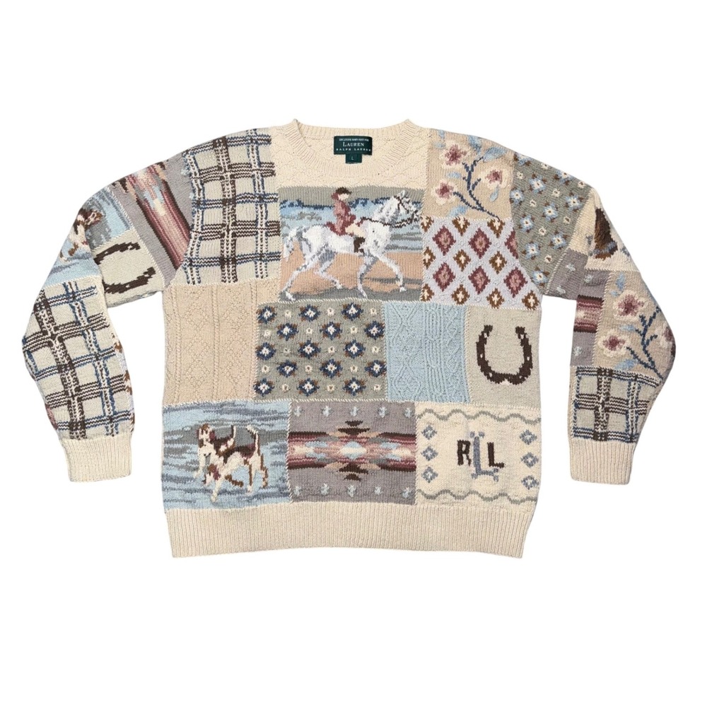 Lauren Ralph Lauren Patchwork Sweater Women L Cream Equestrian Excellent Knit